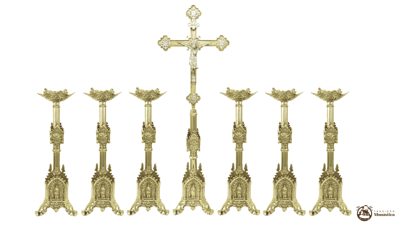Conjunto de Castiçal de Vela e Cruz para Altar - Gótico - 7pçs Bronze Conjunto de Castiçal de Vela e Cruz para Altar - Gótico - 7pçs Bronze