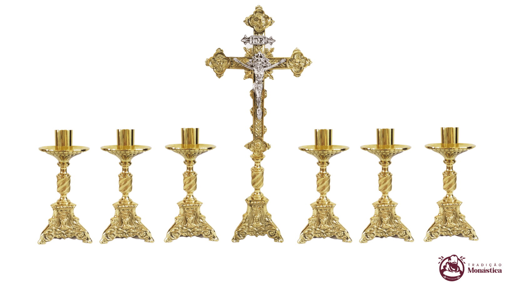Conjunto de Castiçal de Vela e Cruz para Altar - Base JMJ Pequeno - Bronze Conjunto de Castiçal de Vela e Cruz para Altar - Base JMJ Pequeno - Bronze