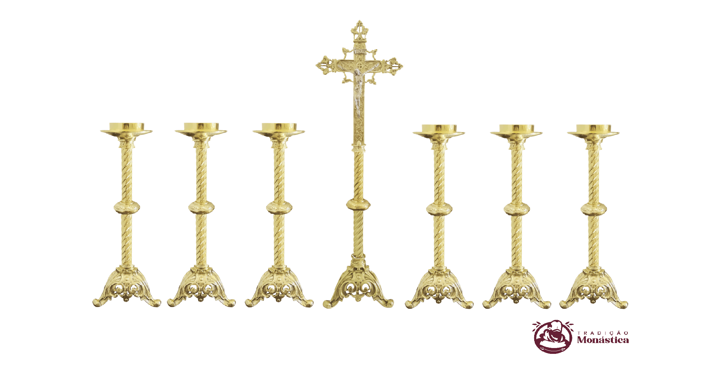 Conjunto de Castiçal de Vela e Cruz para Altar - Tripé - 7pçs Bronze Conjunto de Castiçal de Vela e Cruz para Altar - Tripé - 7pçs Bronze