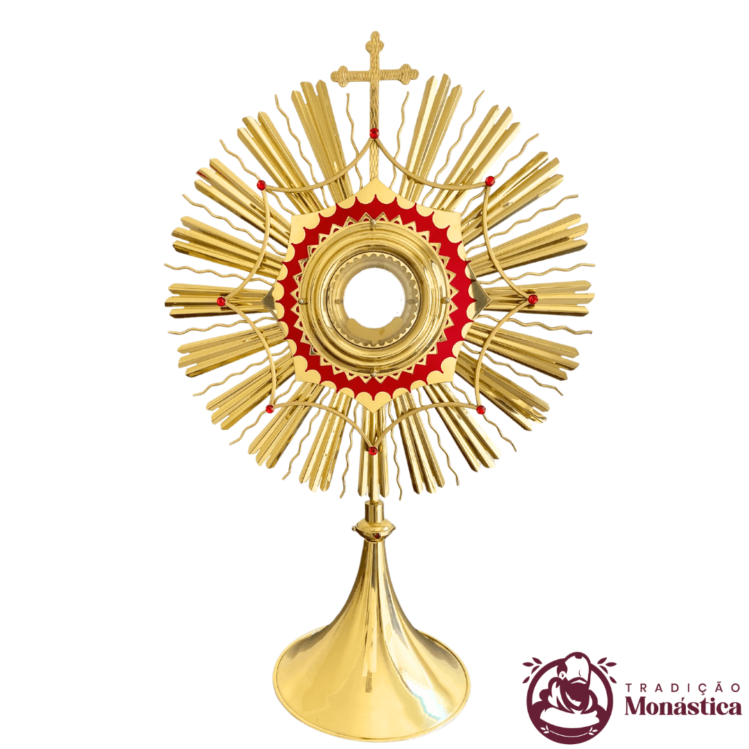 Ostensório Dourado com Pedras Vermelhas - 71cm Ostensório Dourado com Pedras Vermelhas - 71cm